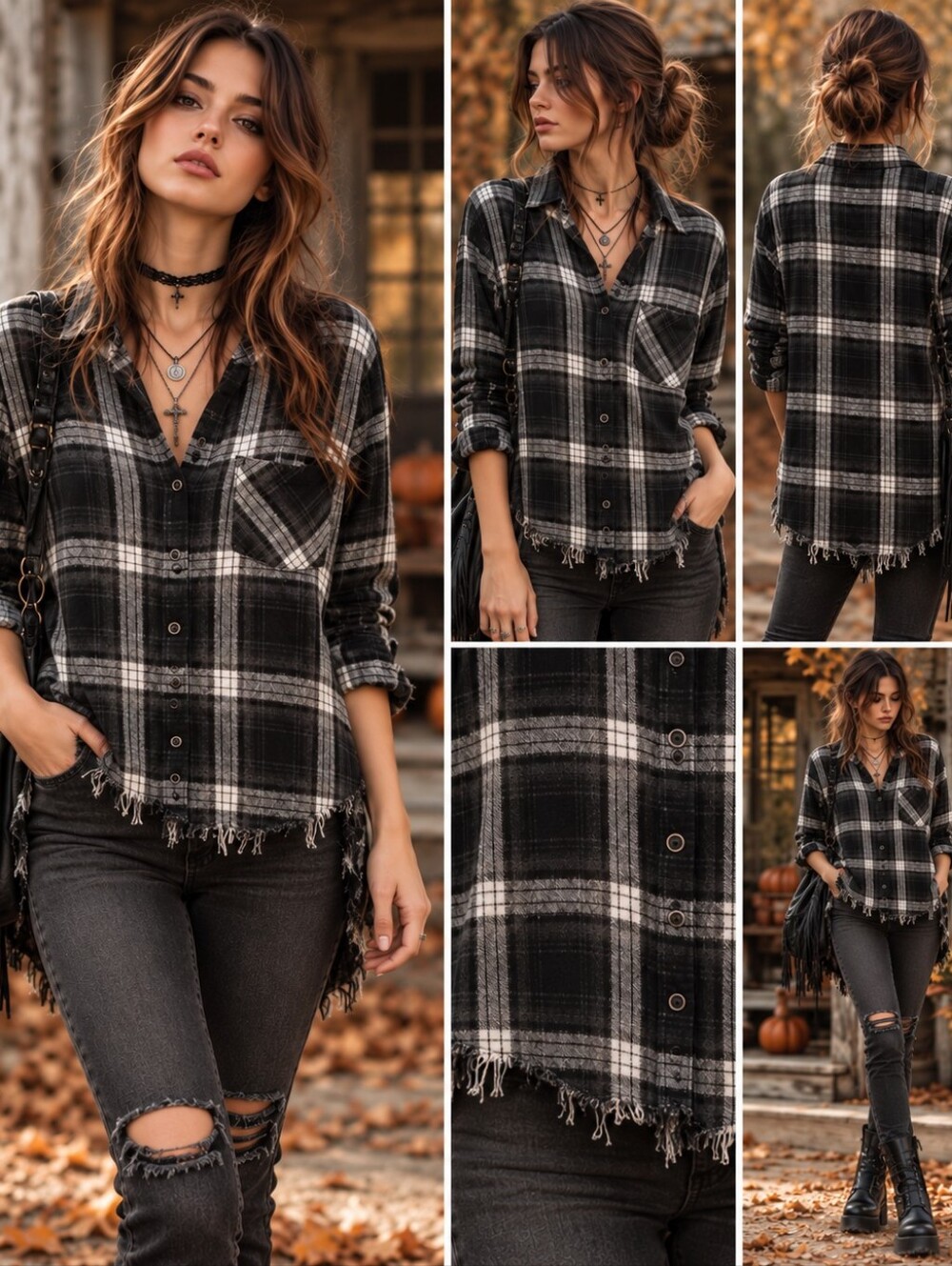Bella Dahl Black & White Plaid Frayed-Hem Button-Down Shirt Cozy Grunge Goth M